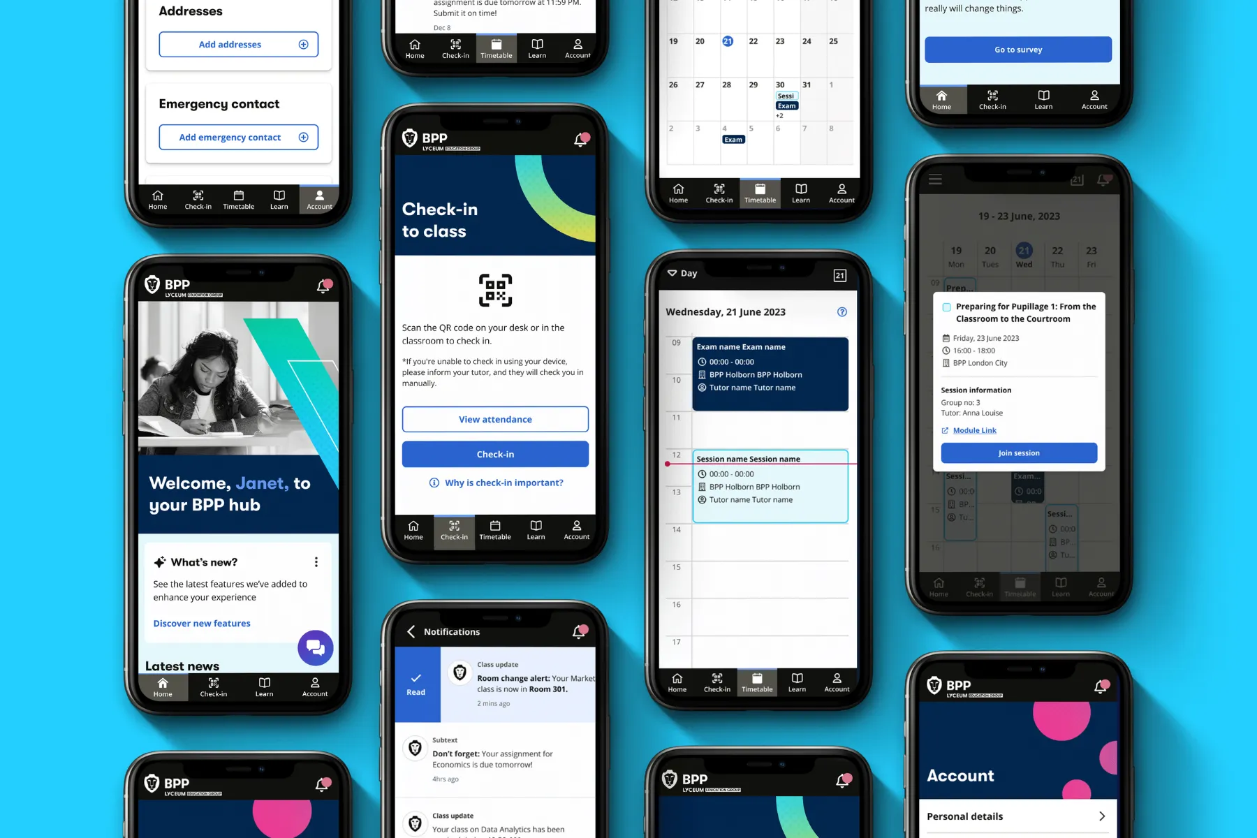 The redesigned app screens: home, check-in, timetable, notifications and My Account