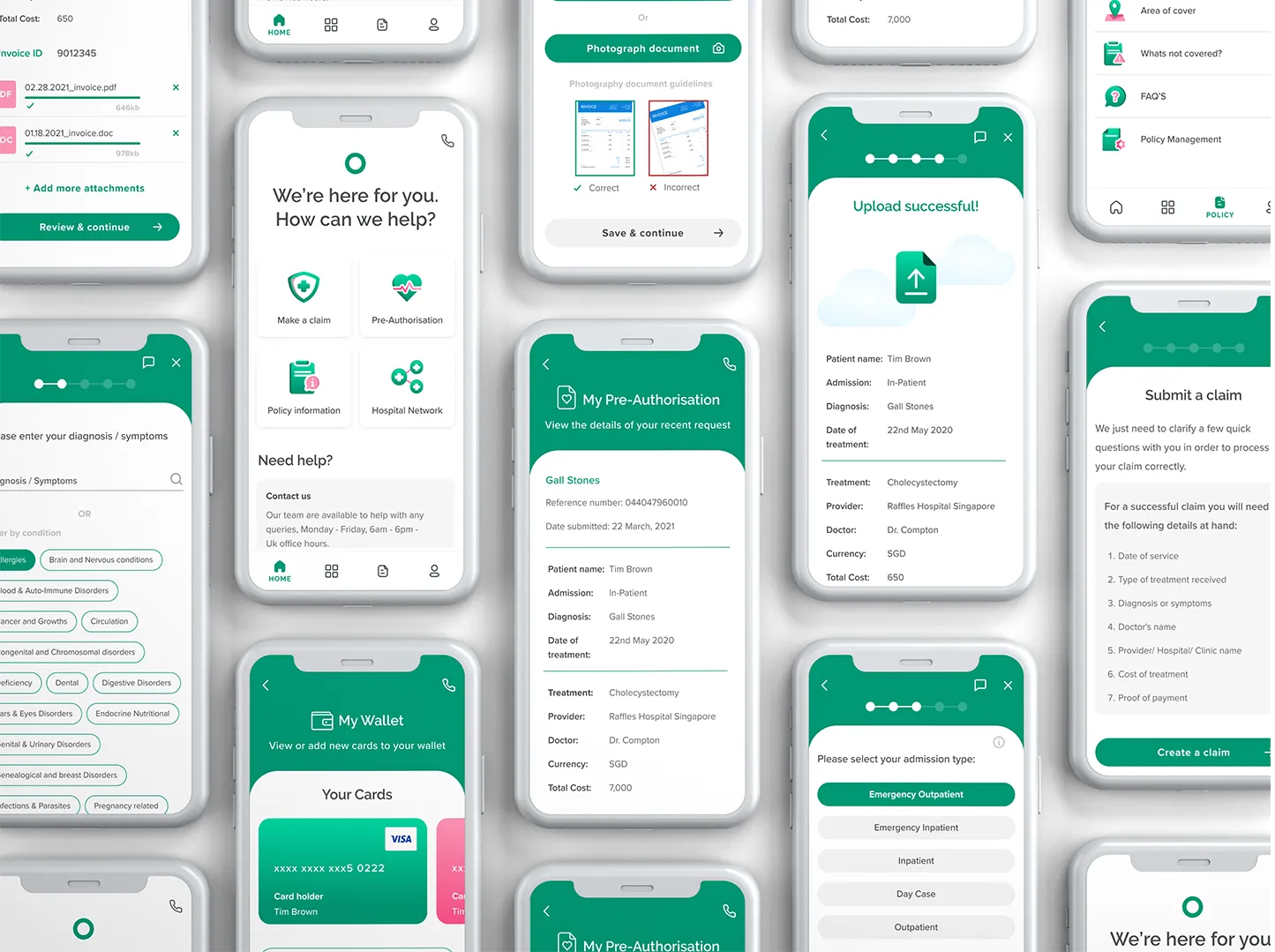 A collage of app screens: home, the claim steps, document upload, upload confirmation, pre-authorisation details, the wallet and the claim checklist