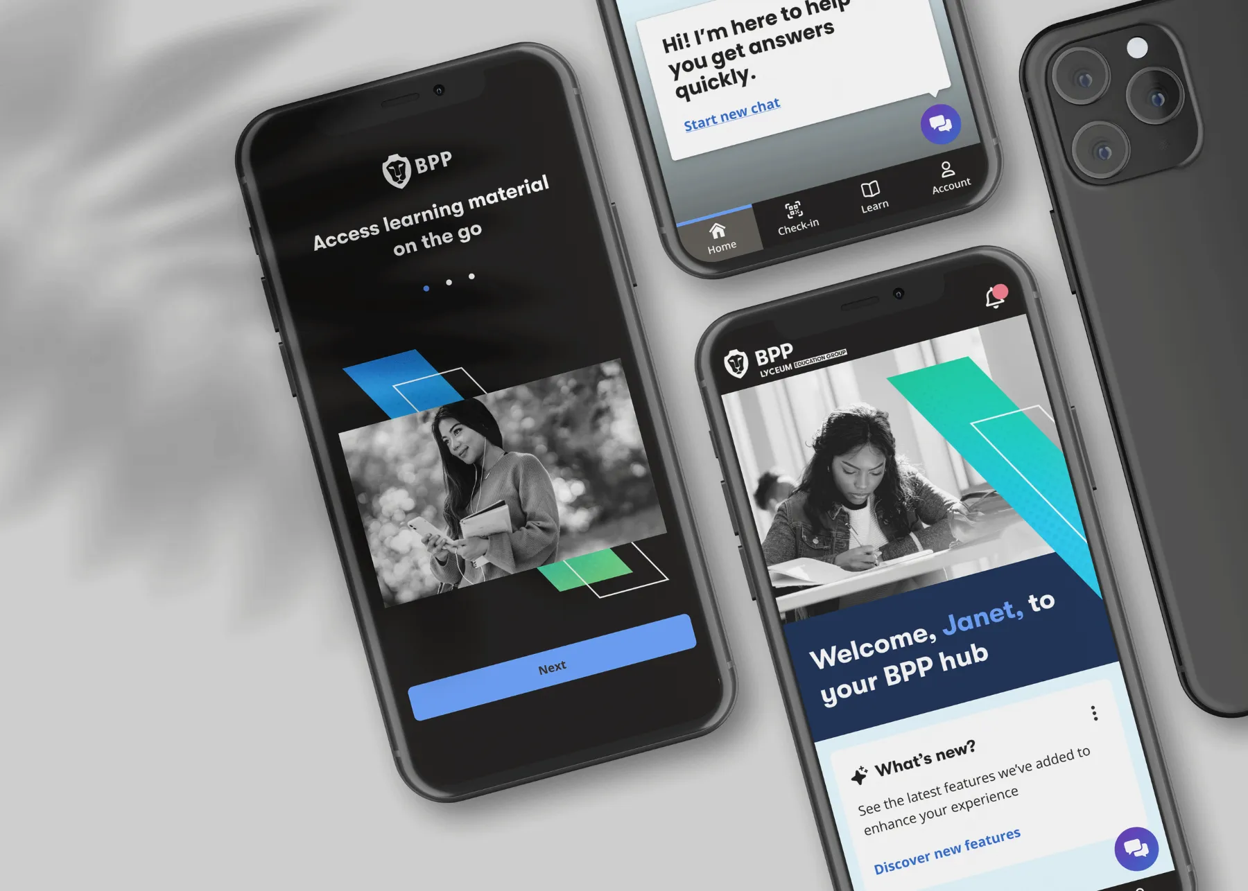 Three BPP learner app screens on phones: learning material, the chatbot and the welcome hub