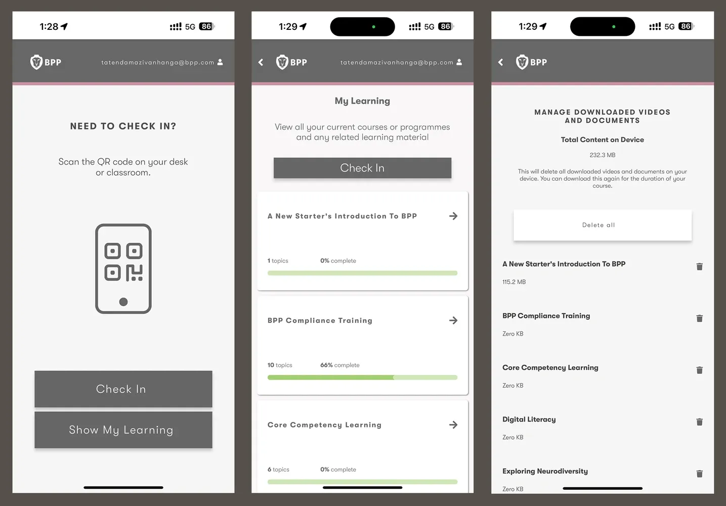 The old app: check-in, My Learning and downloaded content screens, styled in flat greys