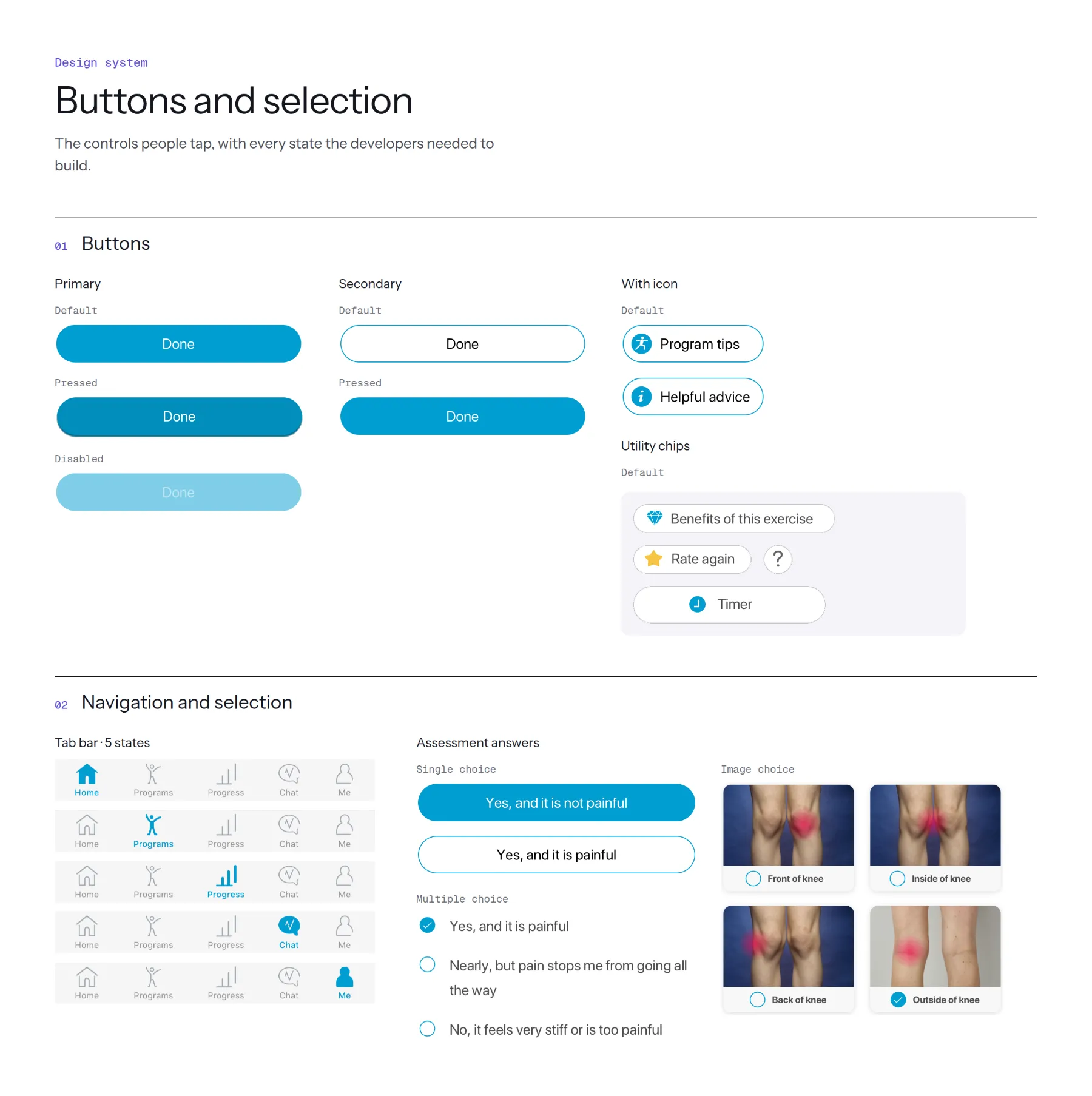 Buttons and selection board: primary, secondary and icon buttons with states, utility chips, the tab bar and assessment answer controls