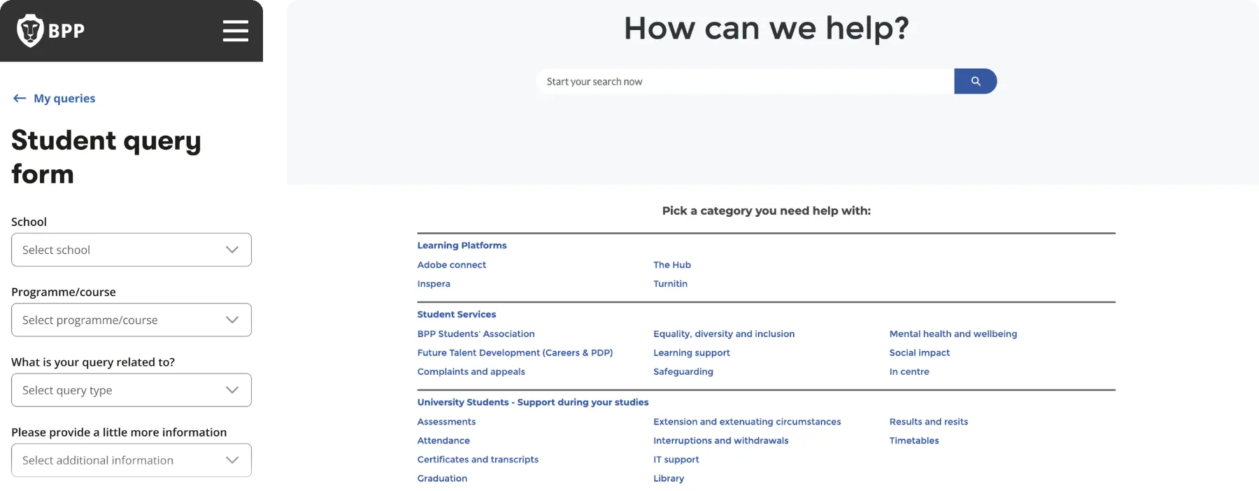 The old Student query form on mobile, with school, programme, query type and additional information dropdowns, beside the old help centre: a How can we help? search box above 24 links grouped by how the university is organised