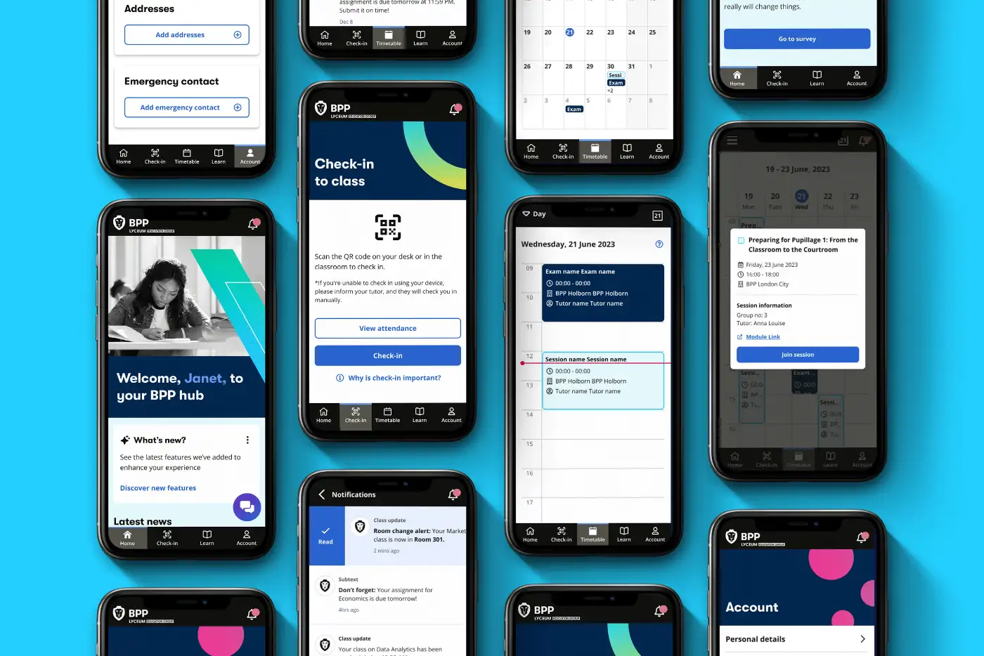 The redesigned app screens: home, check-in, timetable, notifications and My Account