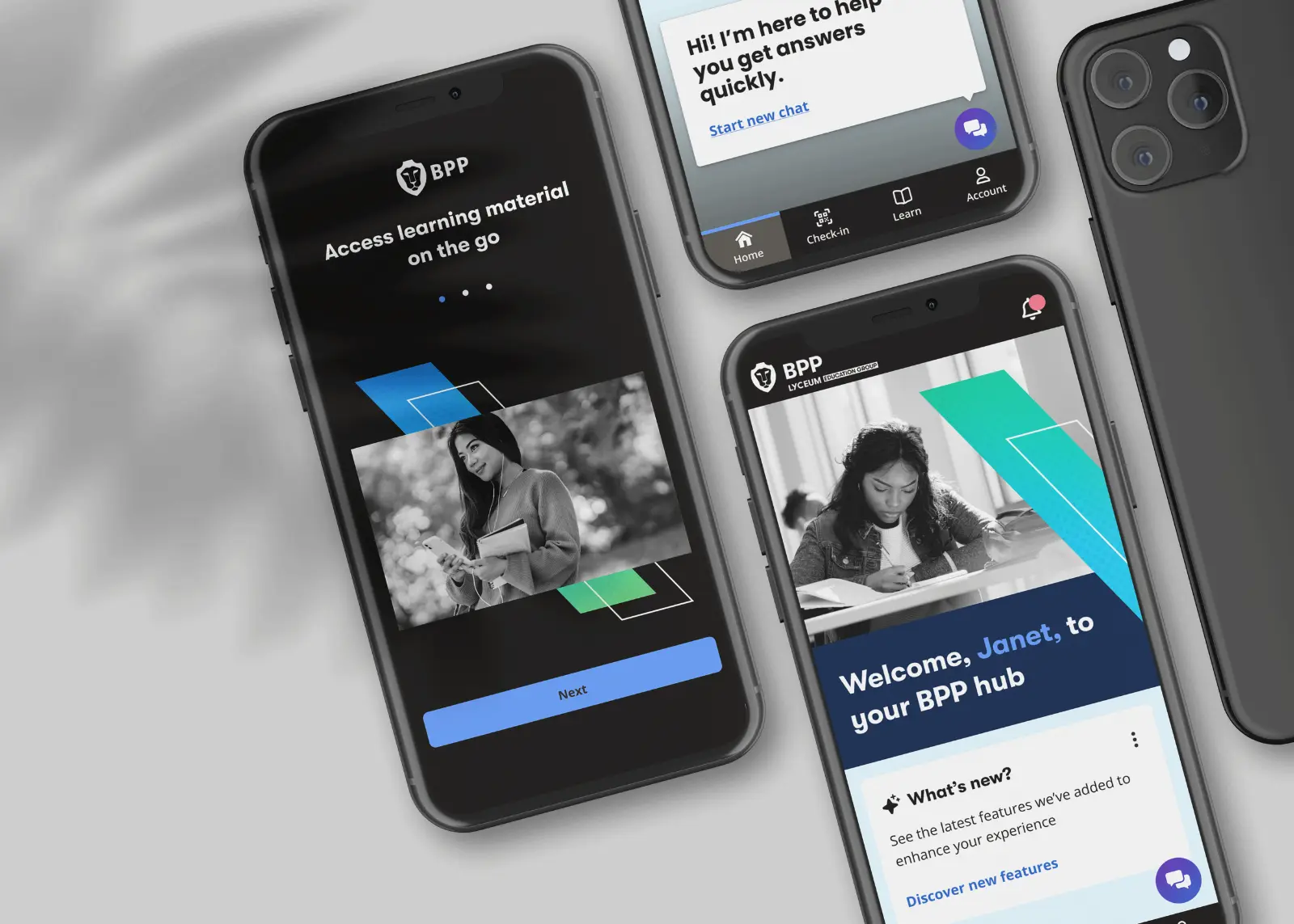 The redesigned BPP learner app on phones: onboarding, home with What's new, and the support chat