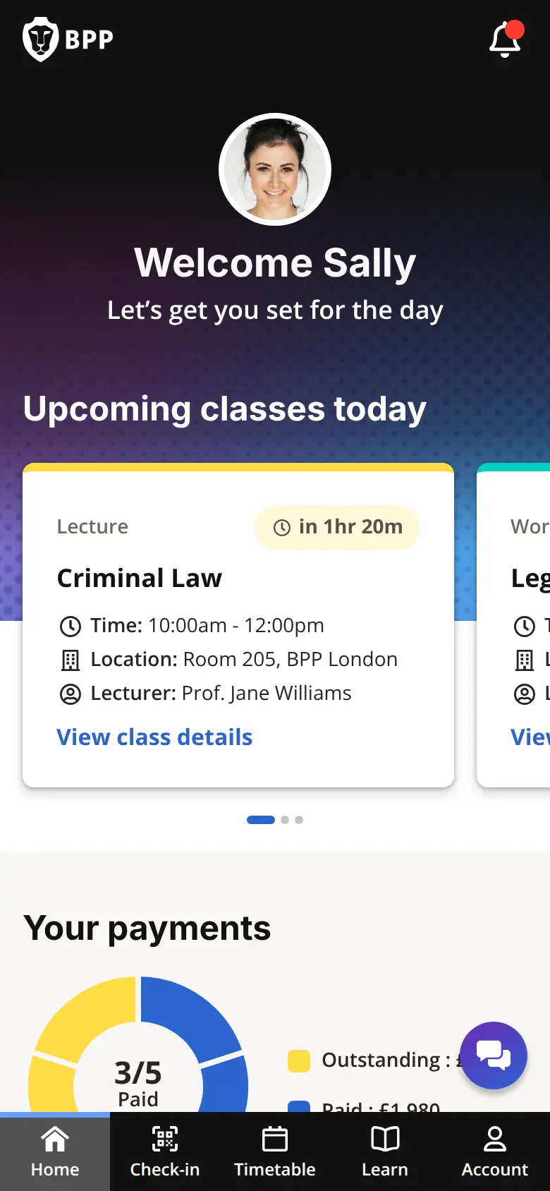 BPP learner app home screen: upcoming classes and payments