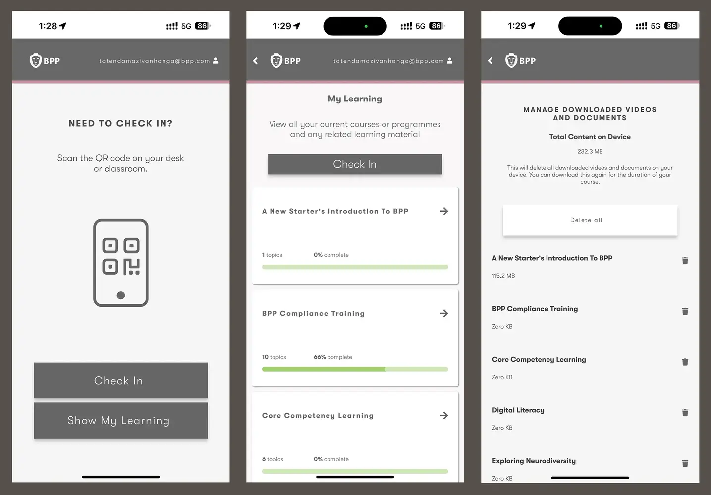 The old app: check-in, My Learning and downloaded content screens, styled in flat greys