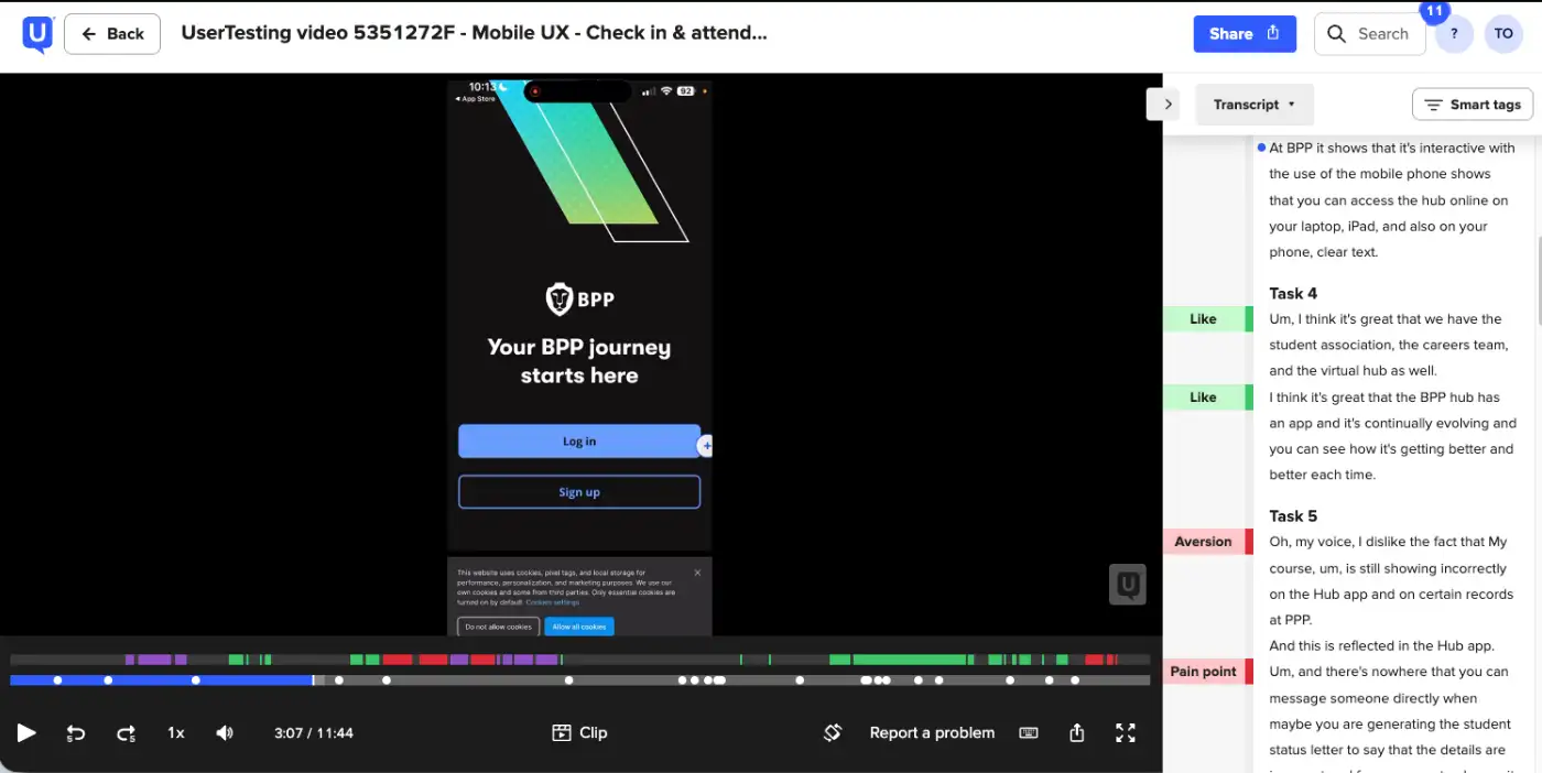 A recorded usability test of the check-in flow