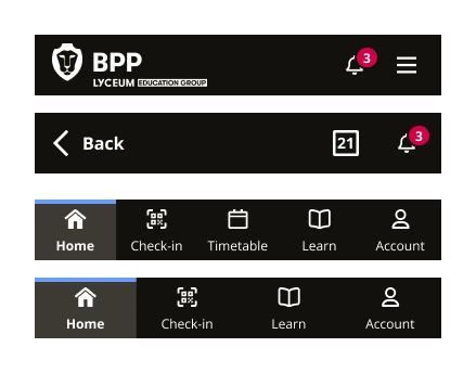 The app header in Home and Back types, and the tab bar with 5 tabs and 4 tabs