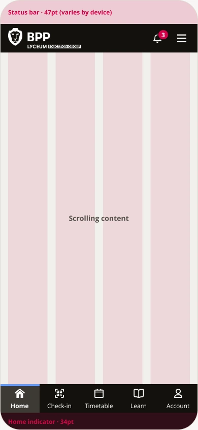 A phone screen with the 4-column grid, the header under the status bar and the tab bar above the home indicator
