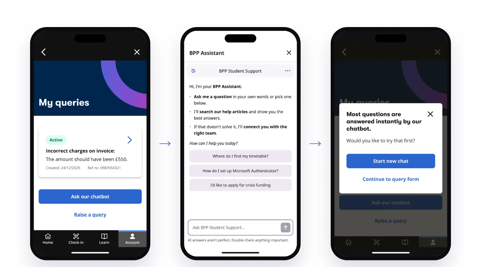 Three phones in order: My queries with Ask our chatbot as the main button; the BPP Assistant chat with suggested questions; and a pop-up saying most questions are answered instantly by our chatbot, with Start new chat and Continue to query form
