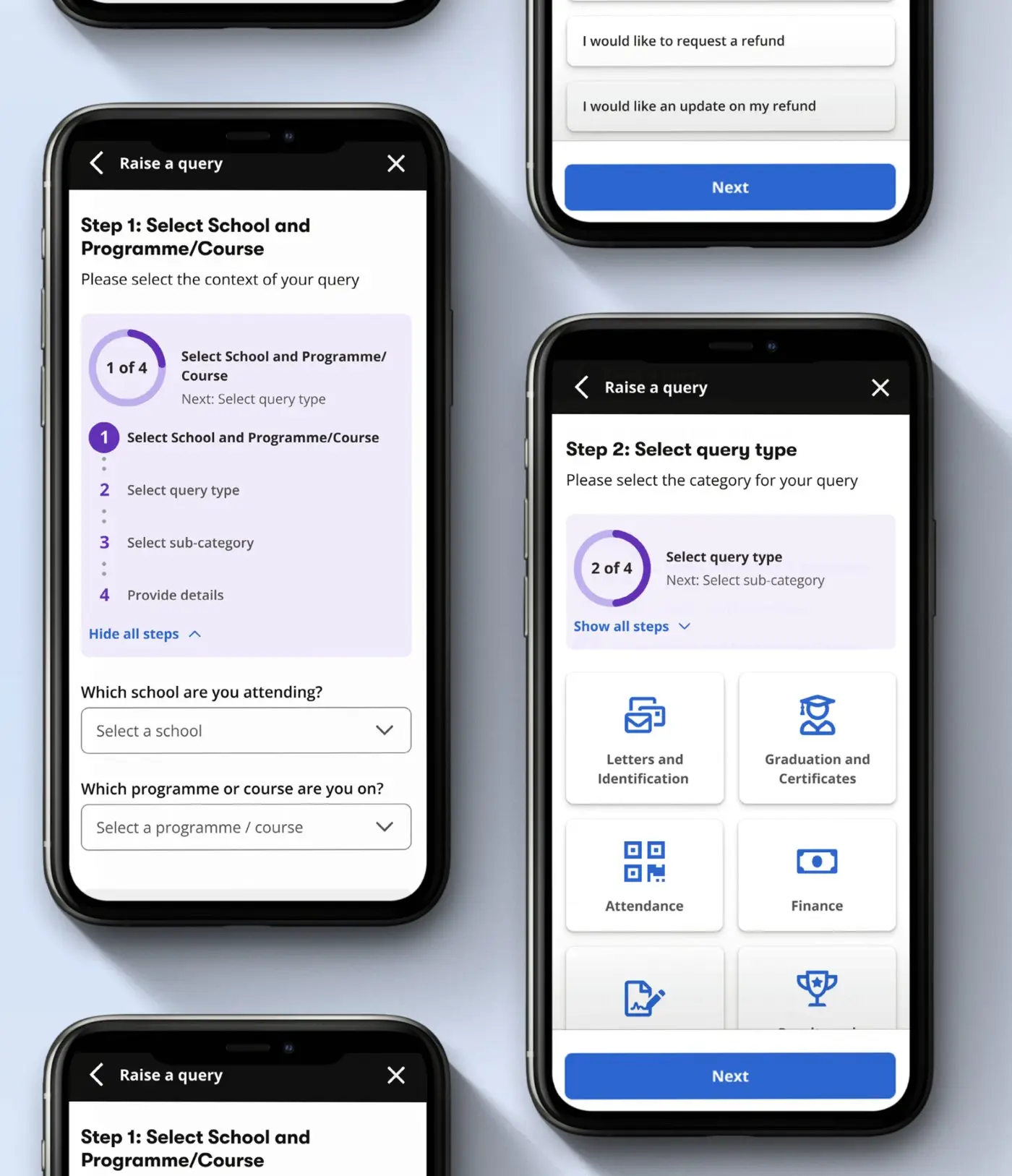 The guided query flow on phones: step 1, choosing school and programme with all four steps shown, and step 2, choosing a query type from category tiles