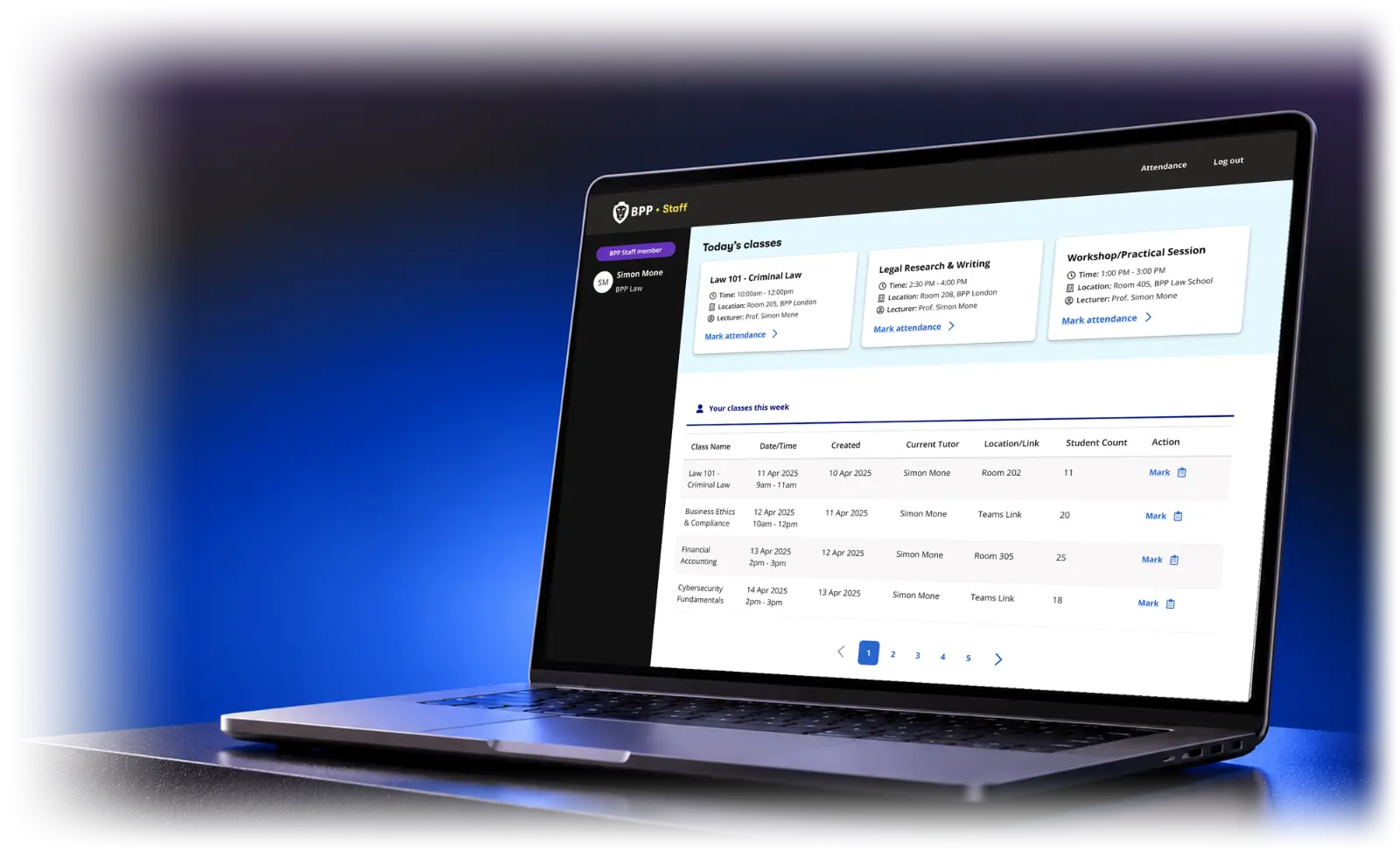 The BPP staff portal dashboard on a laptop: today's classes and the week's classes