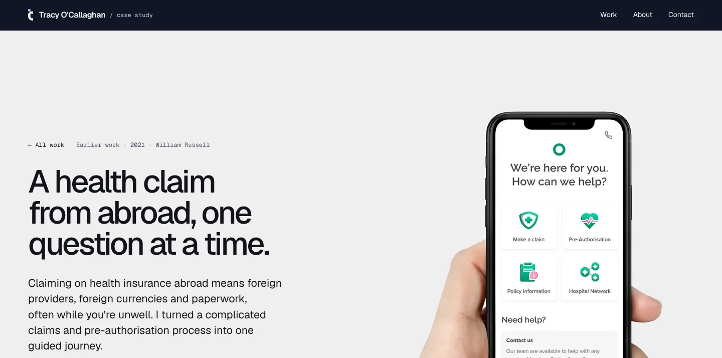 A new case study page: a large left-aligned headline with the William Russell app on a phone