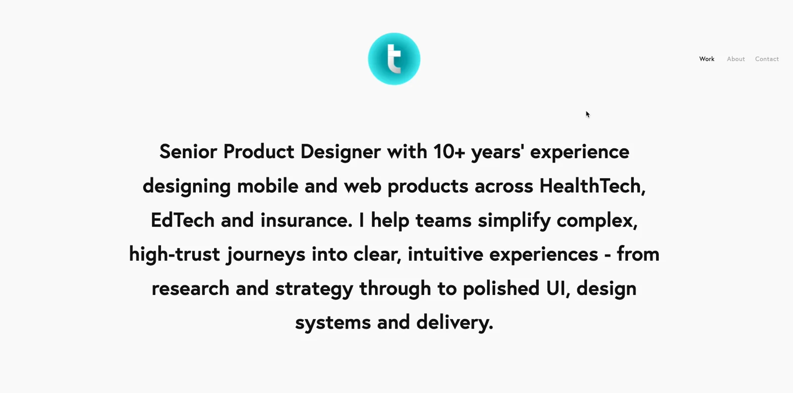 The original home page: a turquoise t logo above a centred paragraph, on a pale grey background